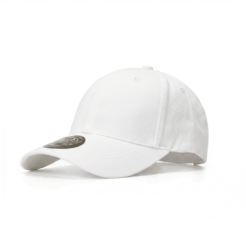 A white polyester stretch cap featuring a curved brim and a logo on the front.