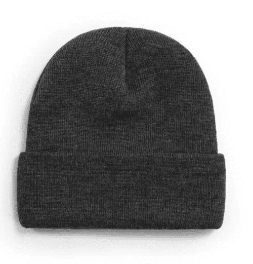 A dark grey knitted acrylic beanie with a folded cuff, featuring a logo.
