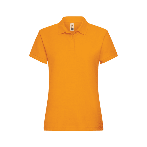 An orange women's polo shirt with a classic collar and short sleeves, featuring a label.