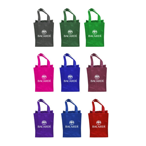 A drink bottle bag collection featuring green, pink, purple, blue, and dark grey bags, each with a logo.
