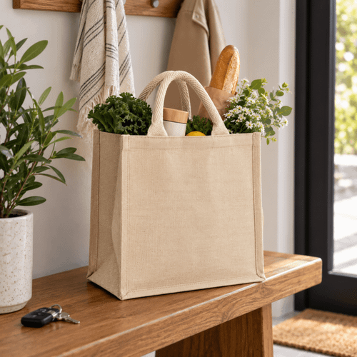 A large jute shopping bag in natural colour, filled with fresh produce and flowers, placed on a wooden table.