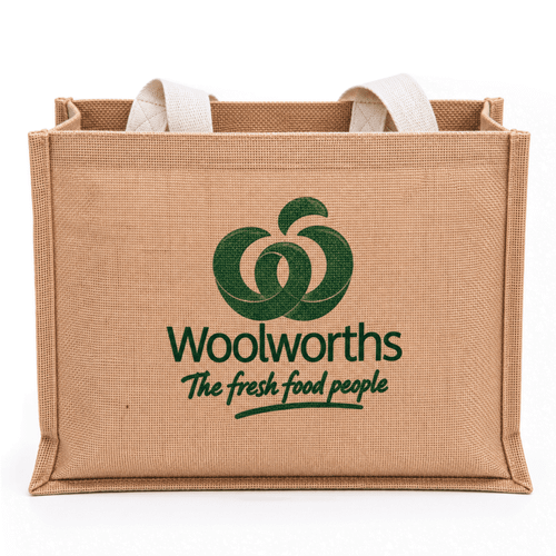 A jute boutique bag with gusset in natural brown, featuring an embroidered logo and white handles.