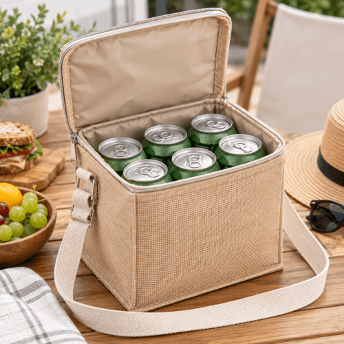 A jute cooler bag in beige containing six drink cans, with a shoulder strap. A picnic setting is visible in the background.