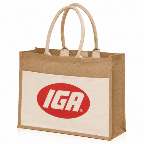 A jute tote bag in natural and tan colours, featuring two handles and a front pocket with a logo.