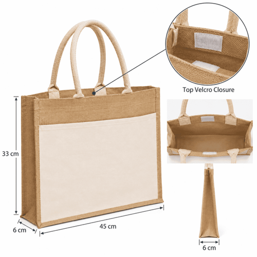 A jute tote bag with a natural brown finish and a cream pocket, featuring two handles and a velcro closure.