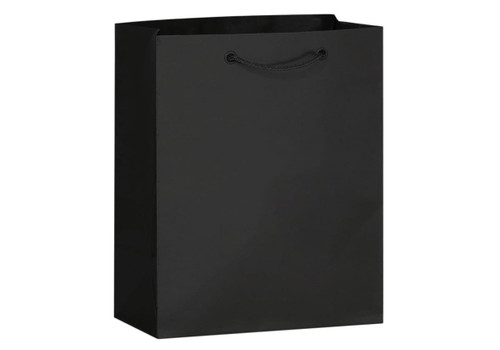 A black medium-sized laminated paper bag with a handle and a logo, featuring a sleek design.