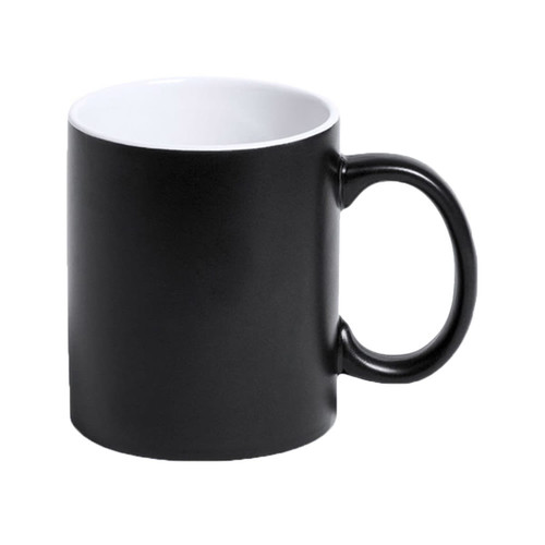 A coffee mug with a black exterior and white interior, featuring a handle and a branding logo.