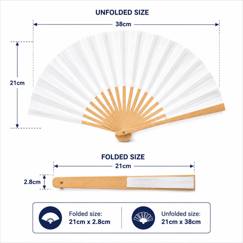 A foldable paper fan with a wooden handle, featuring white panels, measuring 38cm when unfolded and 21cm when folded.