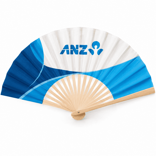 A foldable paper fan featuring blue and white designs with a wooden handle and a logo.