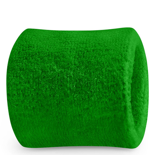 A green terry wrist sweatband with a soft, textured finish. It features a branding logo.