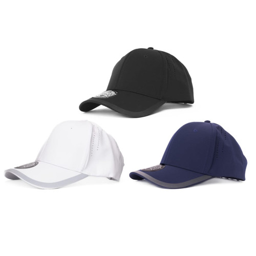 A set of three caps in black, white, and navy, each featuring a logo on the front.