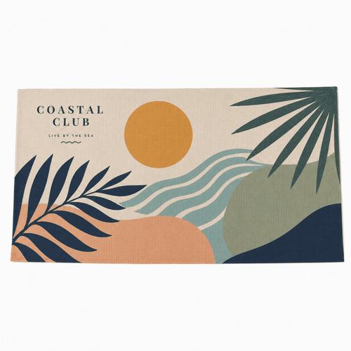 A sandless beach towel featuring a colourful coastal design with sun, waves, and palm leaves. It has a logo.