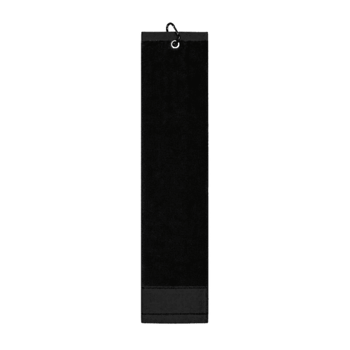 A black cotton golf towel featuring a hang loop, suitable for golf enthusiasts.