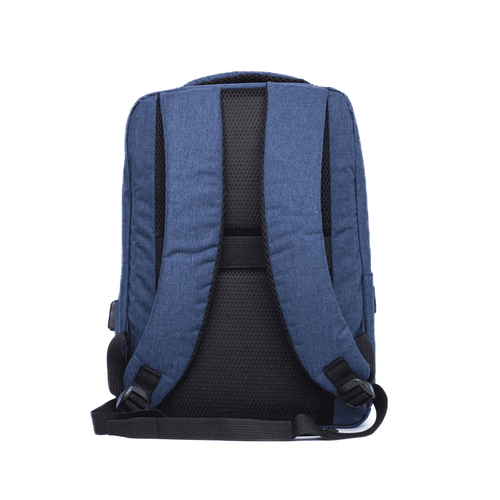 A navy blue backpack with padded straps and a mesh back for comfort, featuring a logo on the side.