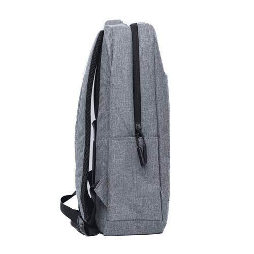 A grey backpack with a slim profile, featuring a zip closure and adjustable shoulder straps. It has a logo on the front.