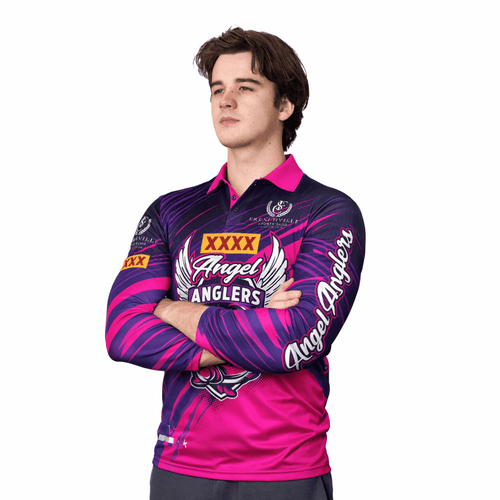 A long-sleeve fishing tee in pink and purple with a logo and graphic designs on the front and sleeves.
