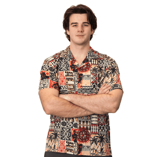 A short-sleeved button-up shirt featuring a vibrant tribal pattern in red, black, and cream tones, with a logo present.