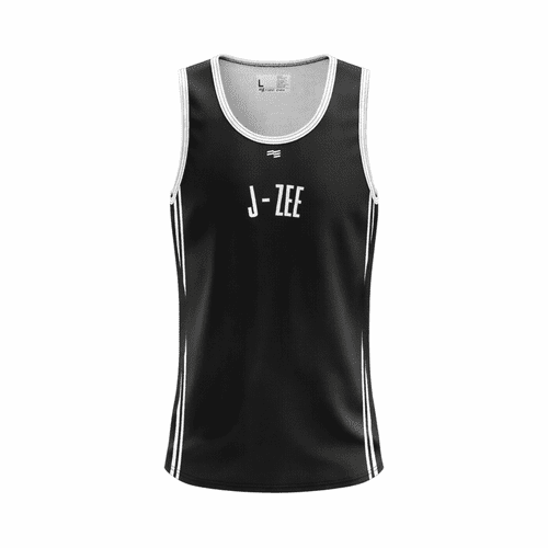 A black singlet with white accents and a logo, featuring a sleeveless design and a round neckline.