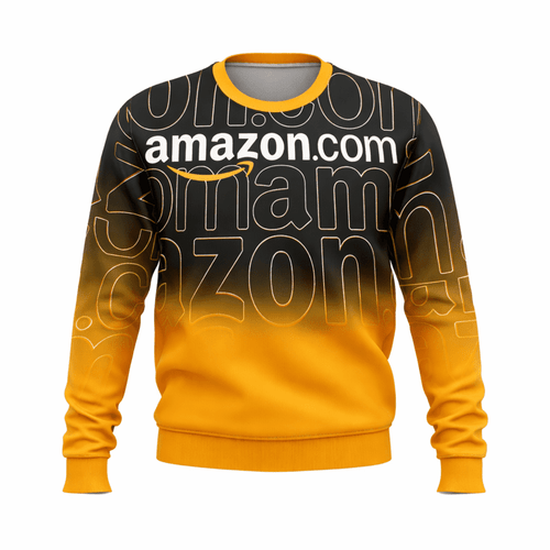 A crew neck jumper in black and yellow featuring a logo and a gradient design.