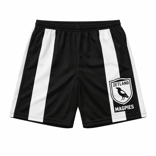 A pair of black and white sports shorts featuring a logo on one side and vertical stripes. Suitable for AFL and NRL.