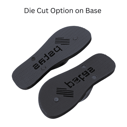 A pair of black thongs with a textured sole, featuring a die-cut design on the base and branding.
