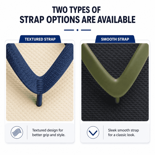 A close-up of two types of straps for thongs: one textured in navy and one smooth in olive green.