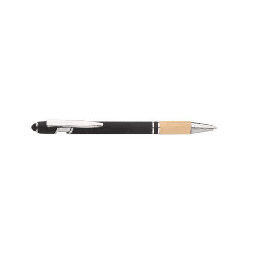 A black aluminium pen with a bamboo grip and silver accents, featuring a branding logo.