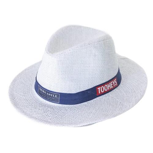 A white straw hat with a blue band featuring a logo. The hat has a breathable mesh design.