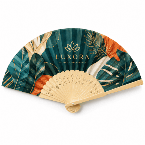 A bamboo hand fan featuring a vibrant tropical design with green and orange leaves, and a logo on its face.