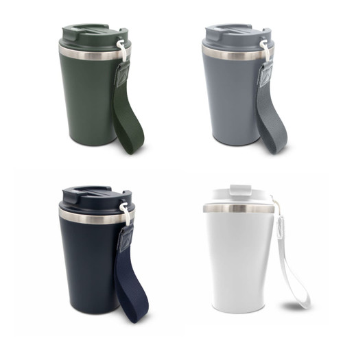 A drink bottle featuring recycled stainless steel in green, grey, navy, and white, each with a handle and lid.