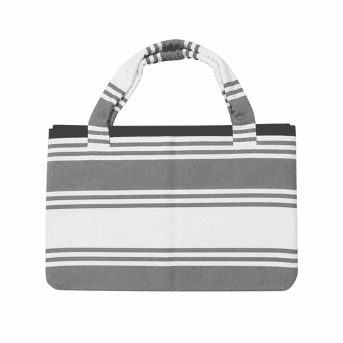 A foldable beach towel bag in grey and white stripes, featuring sturdy handles and a fabric texture.