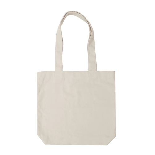 A beige tote bag with two handles and a plain design, featuring a logo on one side.