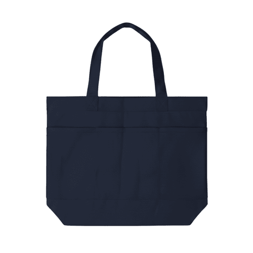A navy tote bag featuring three pockets and two handles, with a simple design and a logo.
