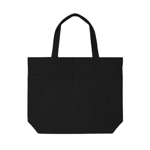 A black tote bag featuring three pockets and sturdy handles for easy carrying. It includes a logo design.