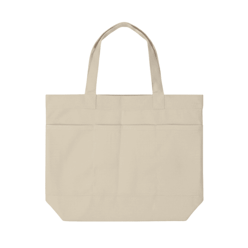 A beige tote bag with three pockets and dual handles. It features a plain design with no visible logos.