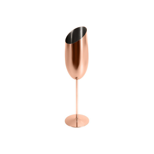 A stainless steel slanted champagne flute in a rose gold finish with a sleek design and circular base.