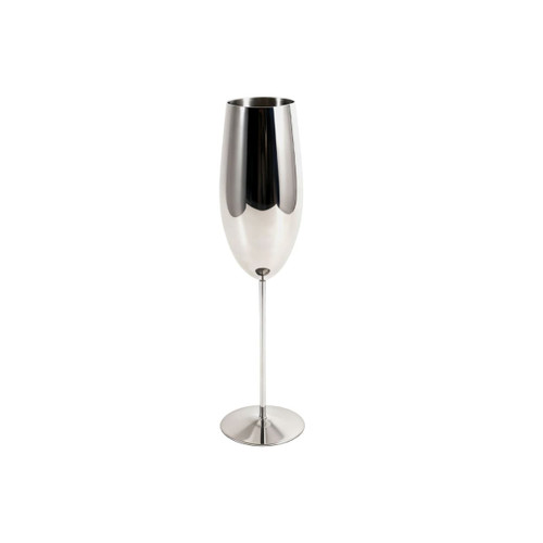 A stainless steel champagne flute with a sleek, reflective finish and a long stem on a circular base.