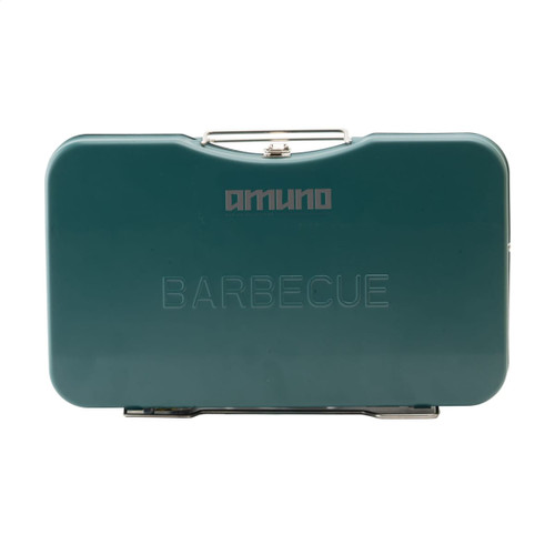 A portable charcoal BBQ grill in a teal case with a silver carrying handle and a branded logo.