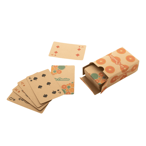 Custom playing cards in a cardboard box, featuring a mix of red and black suits, with a colourful design on the packaging.