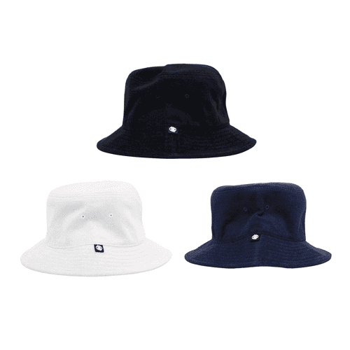 A collection of Terry Bucket Hats in navy, white, and black, each featuring a small logo on the side.