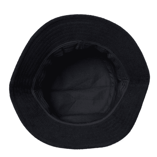 A black Terry Bucket Hat with a wide brim and a textured interior, featuring a logo on the inside.