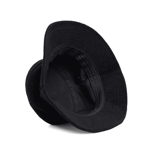 A black Terry Bucket Hat with a wide brim and an interior lining, featuring a logo inside.
