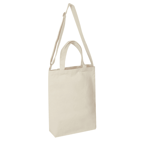 A plain beige tote bag with dual handles and a shoulder strap, featuring a simple design and a logo.
