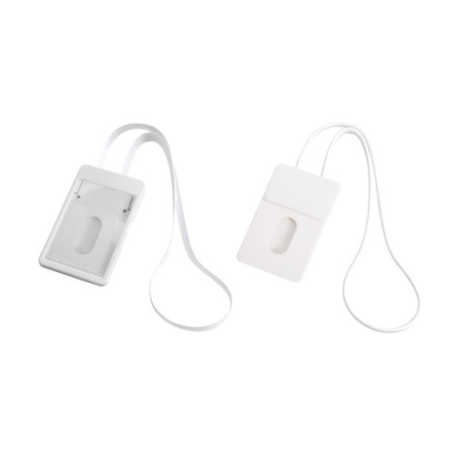 A white ABS retractable card holder with a lanyard, featuring a clear pocket for cards and a sleek design.