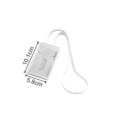 A white ABS retractable card holder with lanyard, measuring 10.1 cm by 5.8 cm, featuring a logo.