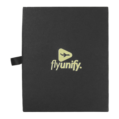 A black travel gift set with a gold logo, featuring a handle for easy carrying.