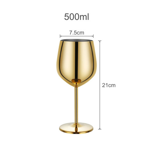 A gold stainless steel wine goblet with a capacity of 500ml and dimensions of 21cm height and 7.5cm diameter.