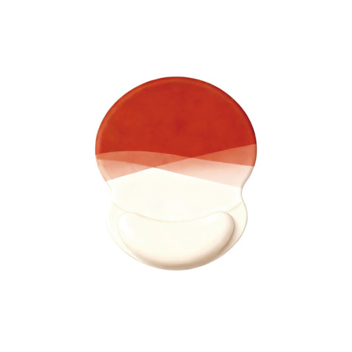 A round, lightweight gel pad in red and white, designed for use as a mouse mat. Features a smooth surface and a logo.