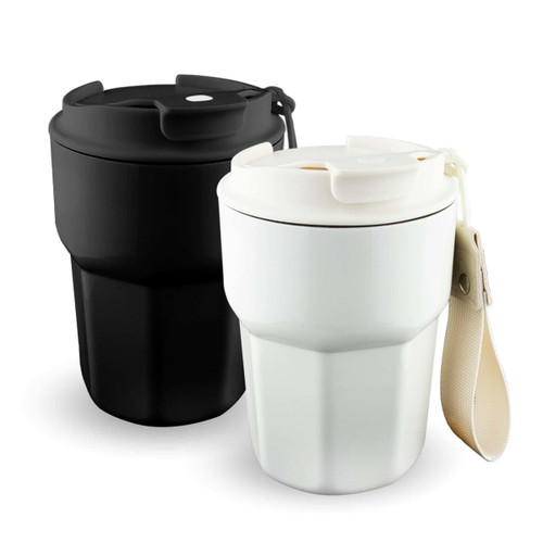 A double wall coffee cup in black and white with a lid and a handle. Both have a logo.