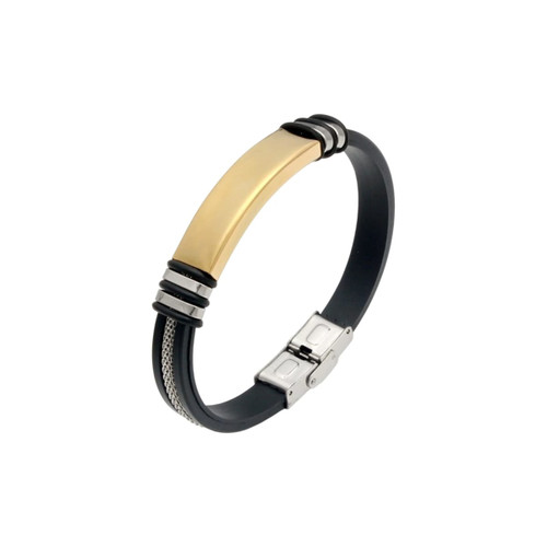 A sleek bracelet featuring a gold-tone centrepiece, black band, and silver accents with a buckle latch.